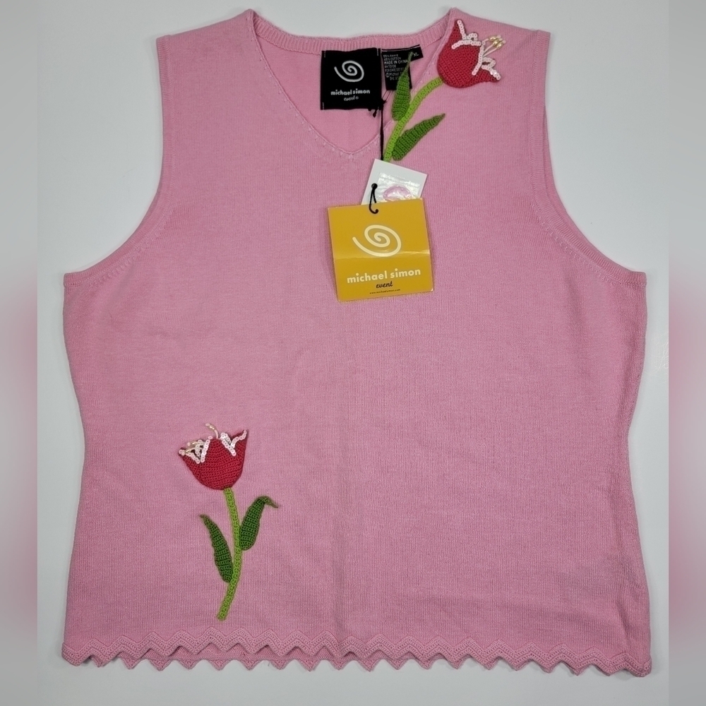 Vintage Michael Simon Event Sweater Womens XL Sleeveless Embroidered Floral Rose